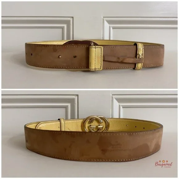 Authentic Gucci Yellow Patent Leather Gold Interlocking G Buckle Belt 85/34
